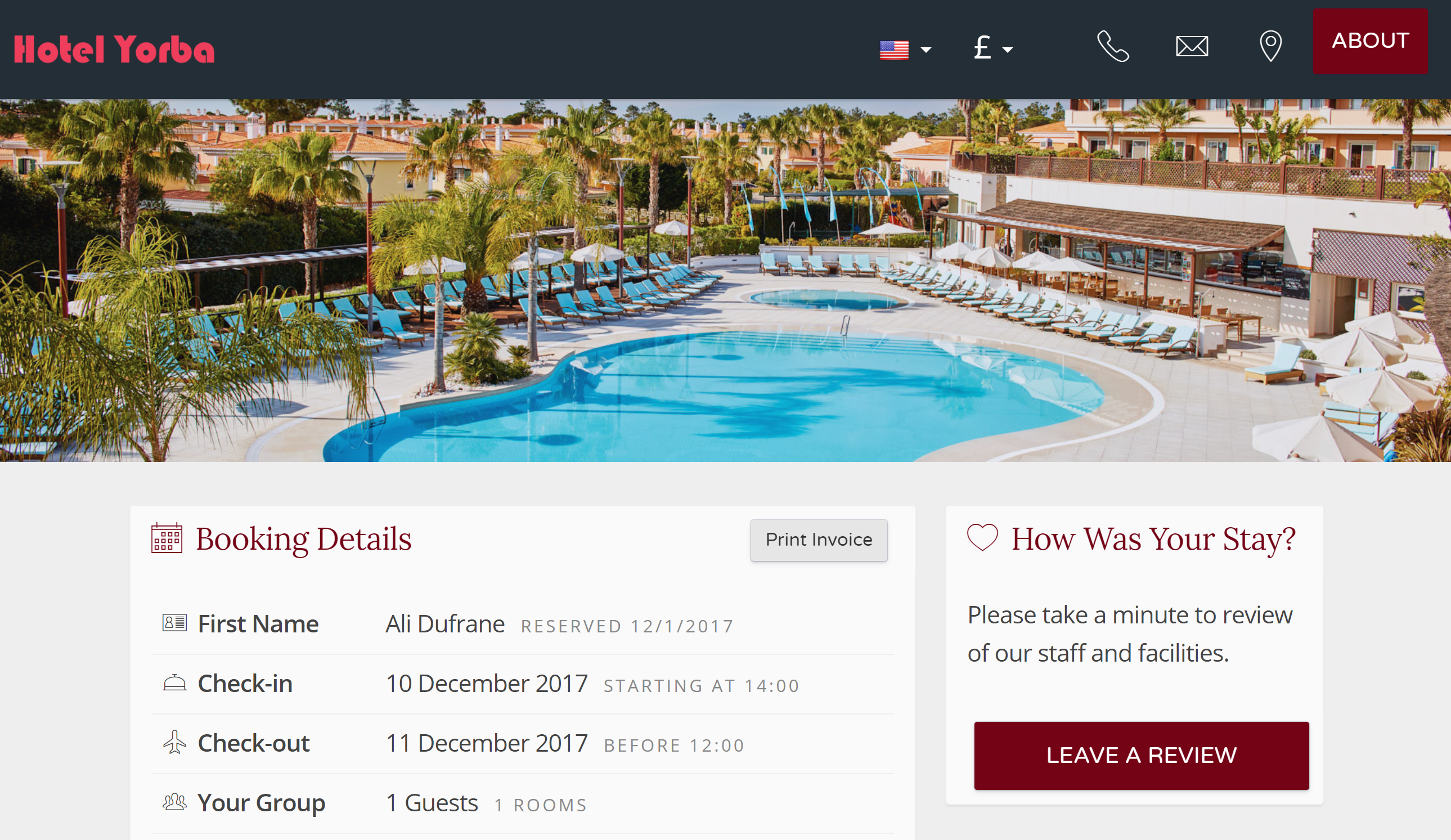 The invoice is also available to the guest after they have checked out. The guest will receive an email directing them to the guest portal section of your booking engine. From there, they can leave a review if you have enabled your review engine, or just print their invoice.