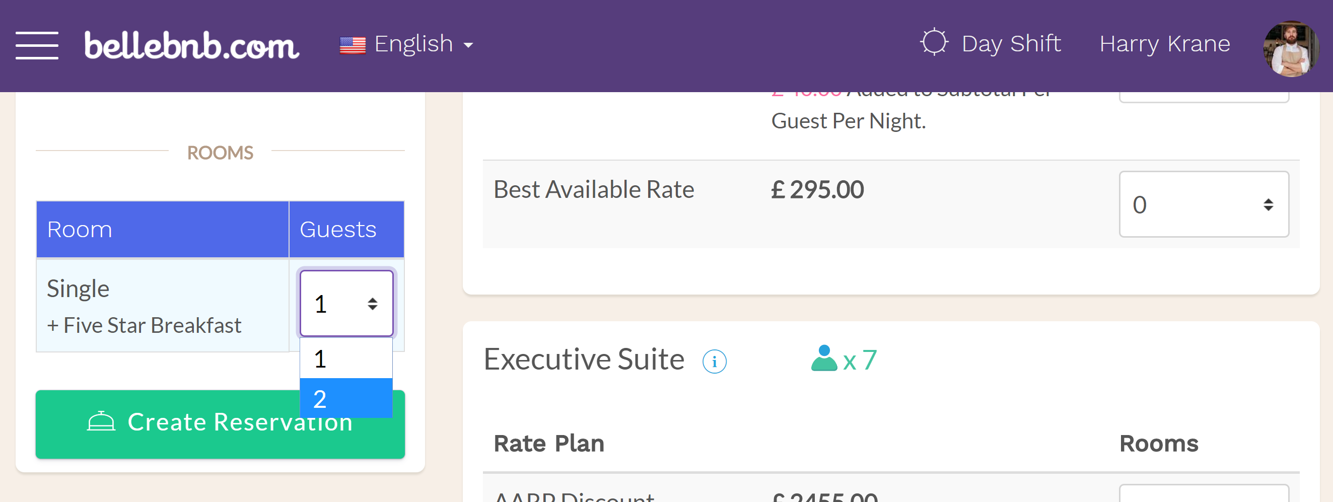 Selecting more than 1 room in the ‘Guests/Rooms’ menu will allow you to add multiple rooms to a reservation. Using the ‘Rooms’ dropdown, add rooms to your reservation. If you are using Rate Plans (c.f., FAQ) you will be presented with the available rooms at each available rate.
