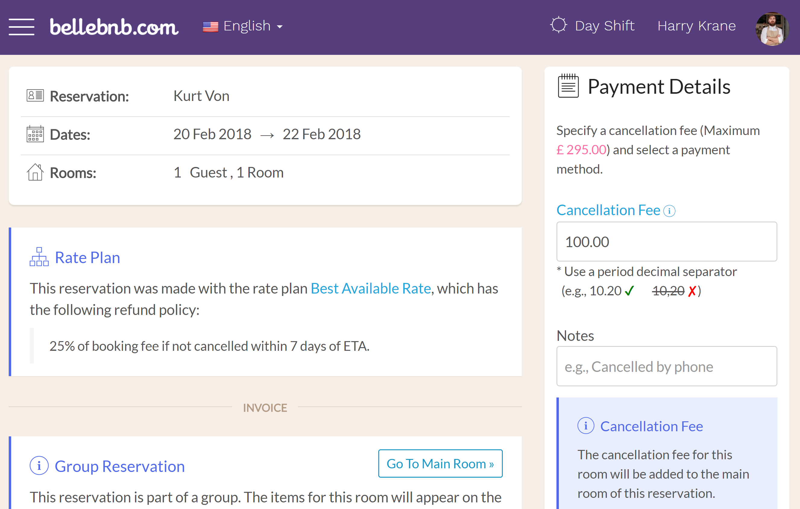 Cancel a Room in a Group To cancel a room in a group, select the booking in your calendar, then go to ‘Actions > Cancel this Room.’ Enter a cancellation fee, if any, then click to cancel. The cancellation fee for this room will appear on the invoice of the main room for the group.