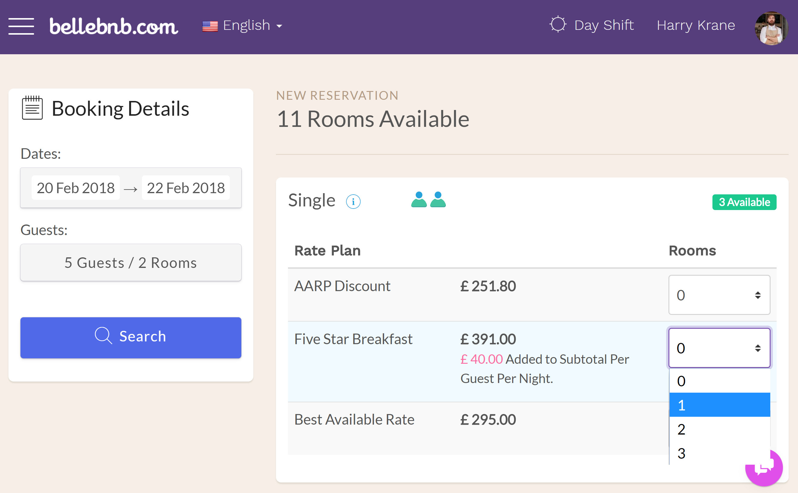 To make a multi-room booking in your Front Desk, go to ‘Reception > New Reservation.’ Select the dates for the booking, then enter the total number of guests and rooms required in the dropdown. Click ‘Search.’