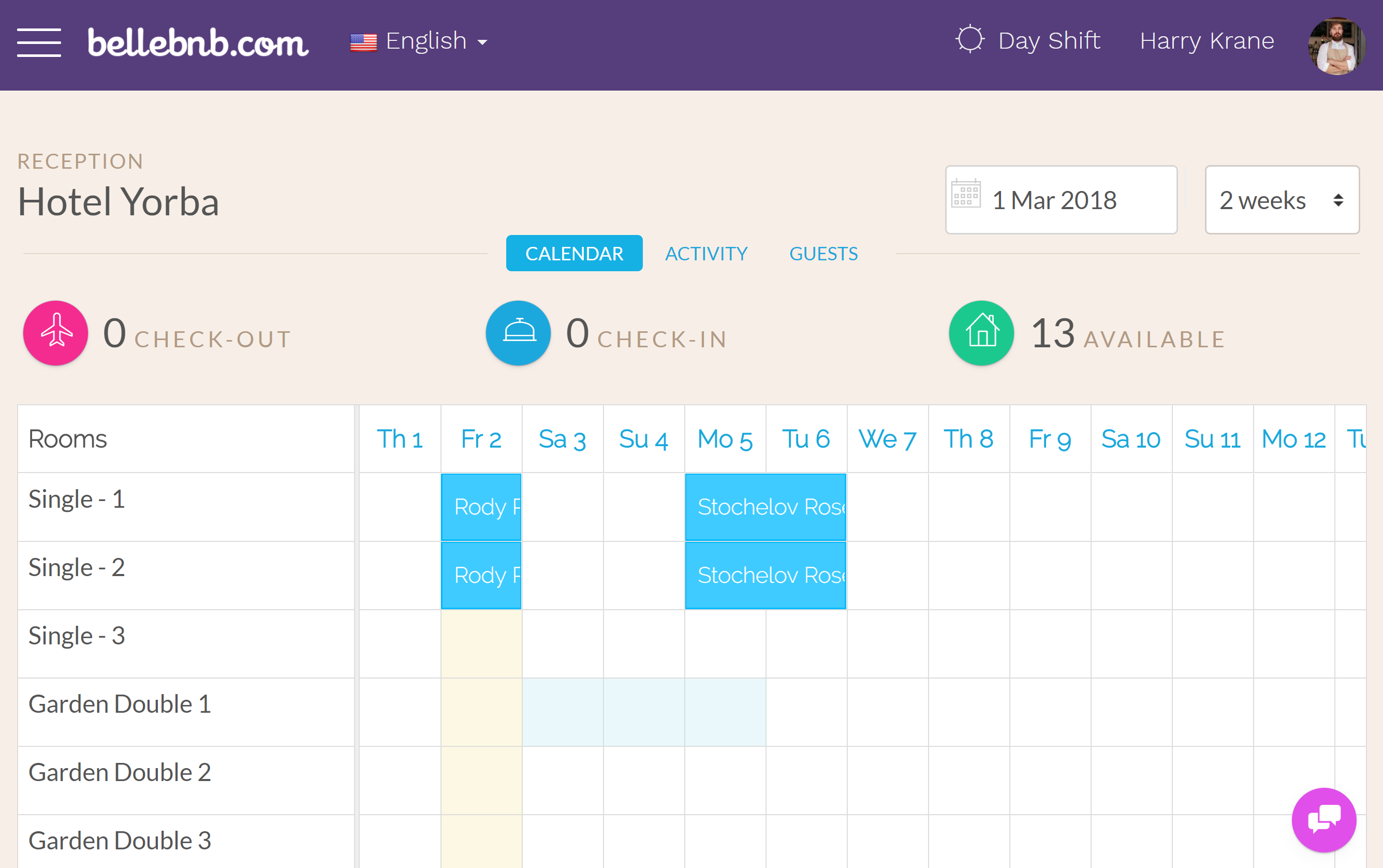 Hotel PMS Software bookings calendar