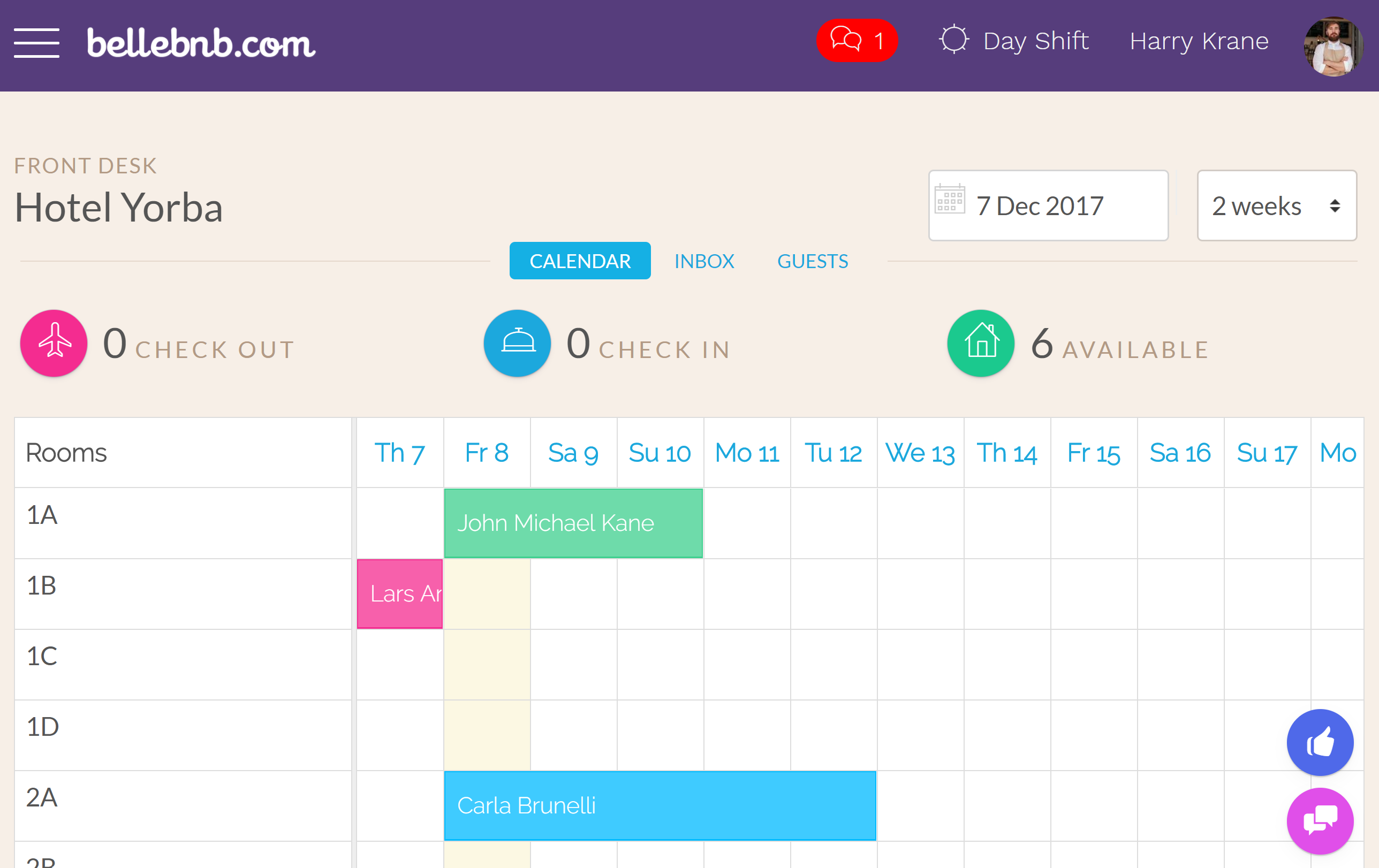 Explore Bookings After entering your hotel info, you are taken to the central part of the application: your booking calendar. Here you will find three test bookings, one arriving today, one checked in to the hotel, and one already checked out.  