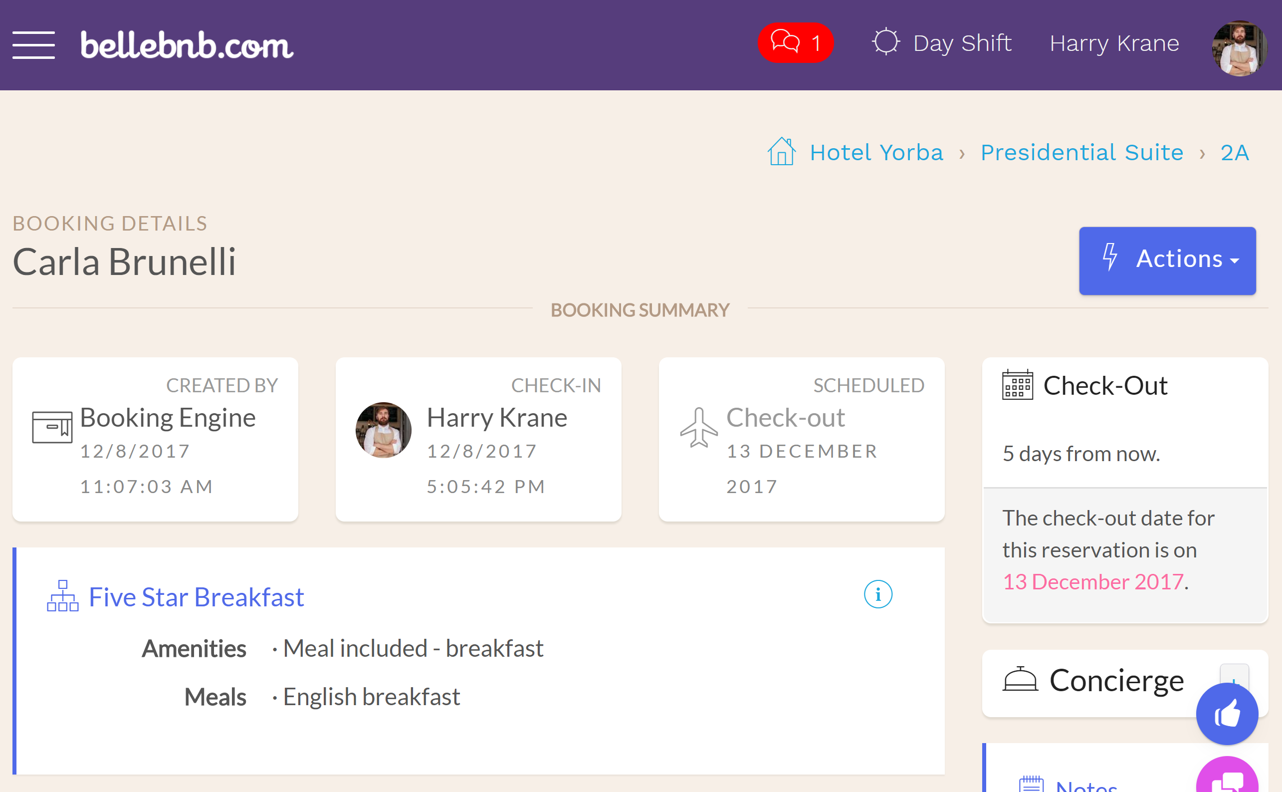  Next, click ‘Check-in’ (or ‘Actions > Check In’) to complete check-in. You will see the reservation has turned green in your calendar to indicate it has been checked in, and it’s no longer listed as ‘Check-in Today’ in your Inbox