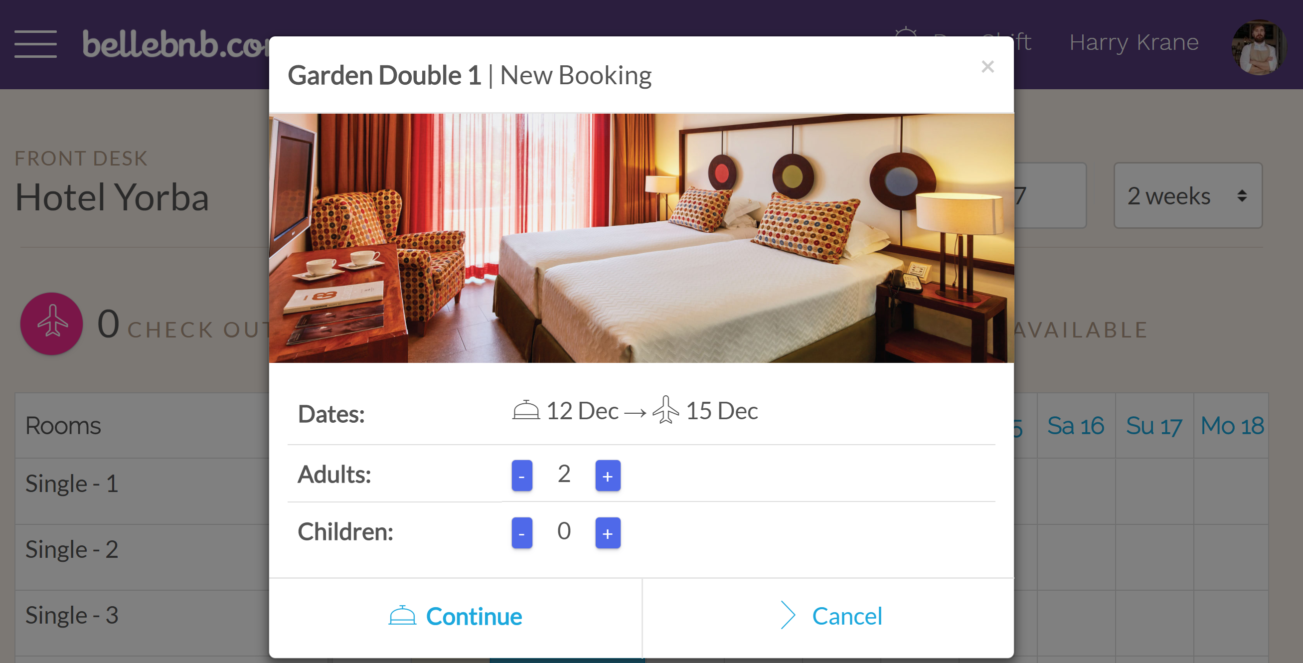 Make your Own Booking After you have explored the test bookings created with your account, you should go ahead and create a couple of new bookings yourself. To create a new booking directly from your calendar, click and drag across the days to include for the room you wish to reserve. 
