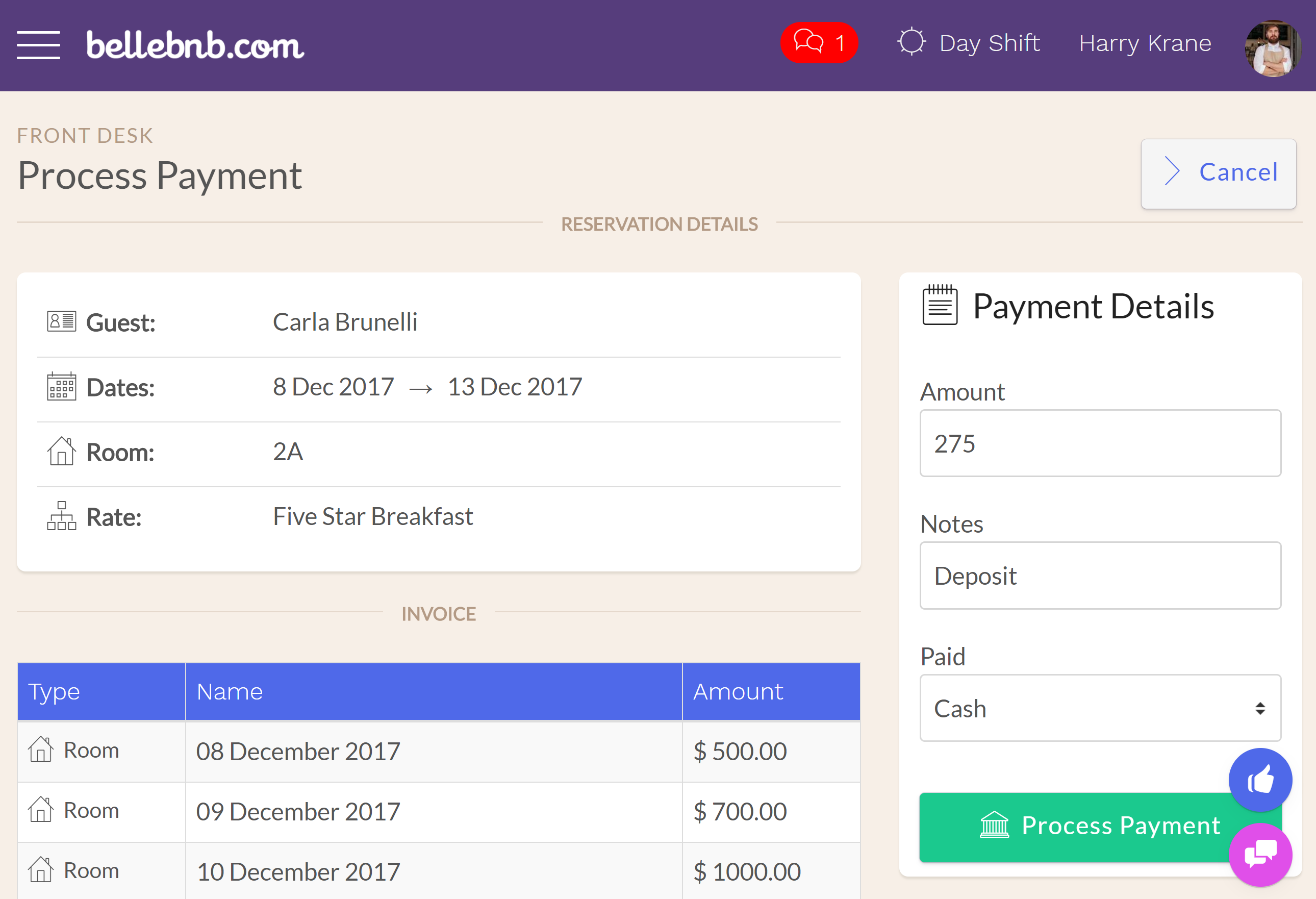 Before you check in this guest, let’s process a payment. Click ‘Actions > Process a Payment,’ then enter an amount for a deposit (no more than the total) and click to process the payment.